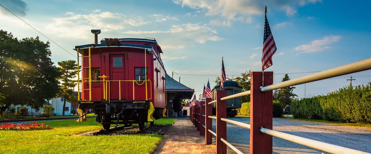 Train car outside the train station in New Oxford, Pennsylvania.