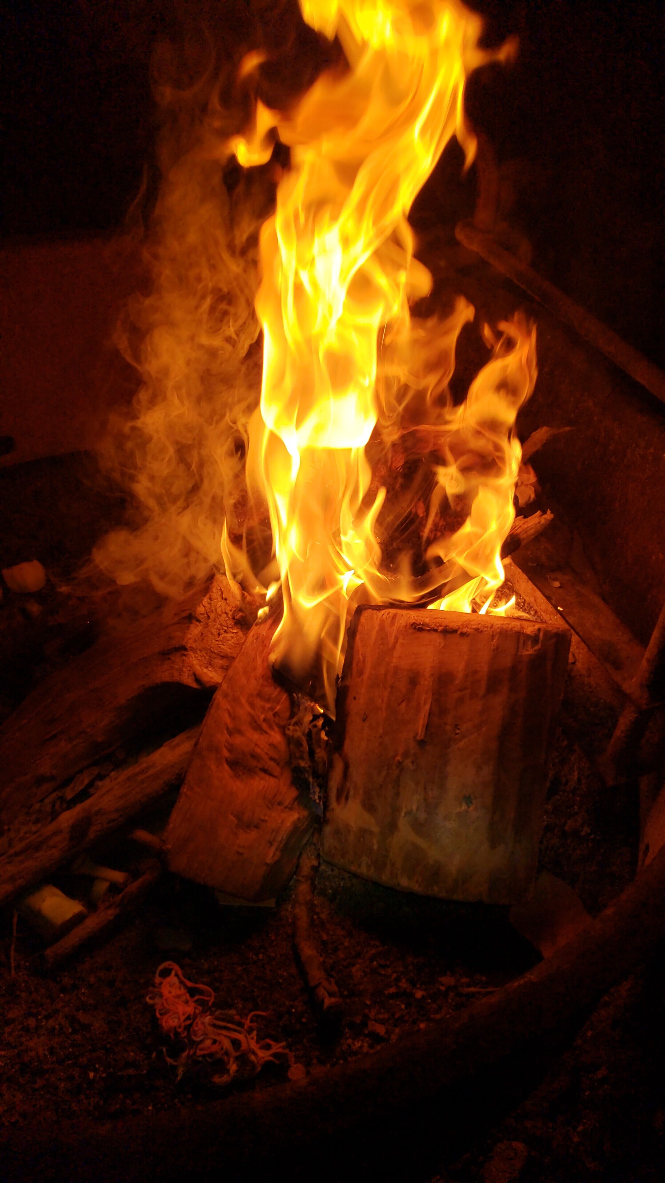 A campfire with flames consuming wood logs.