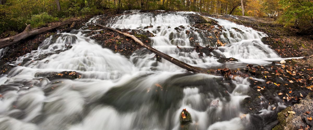 A waterfall in a forest with autumn leaves.