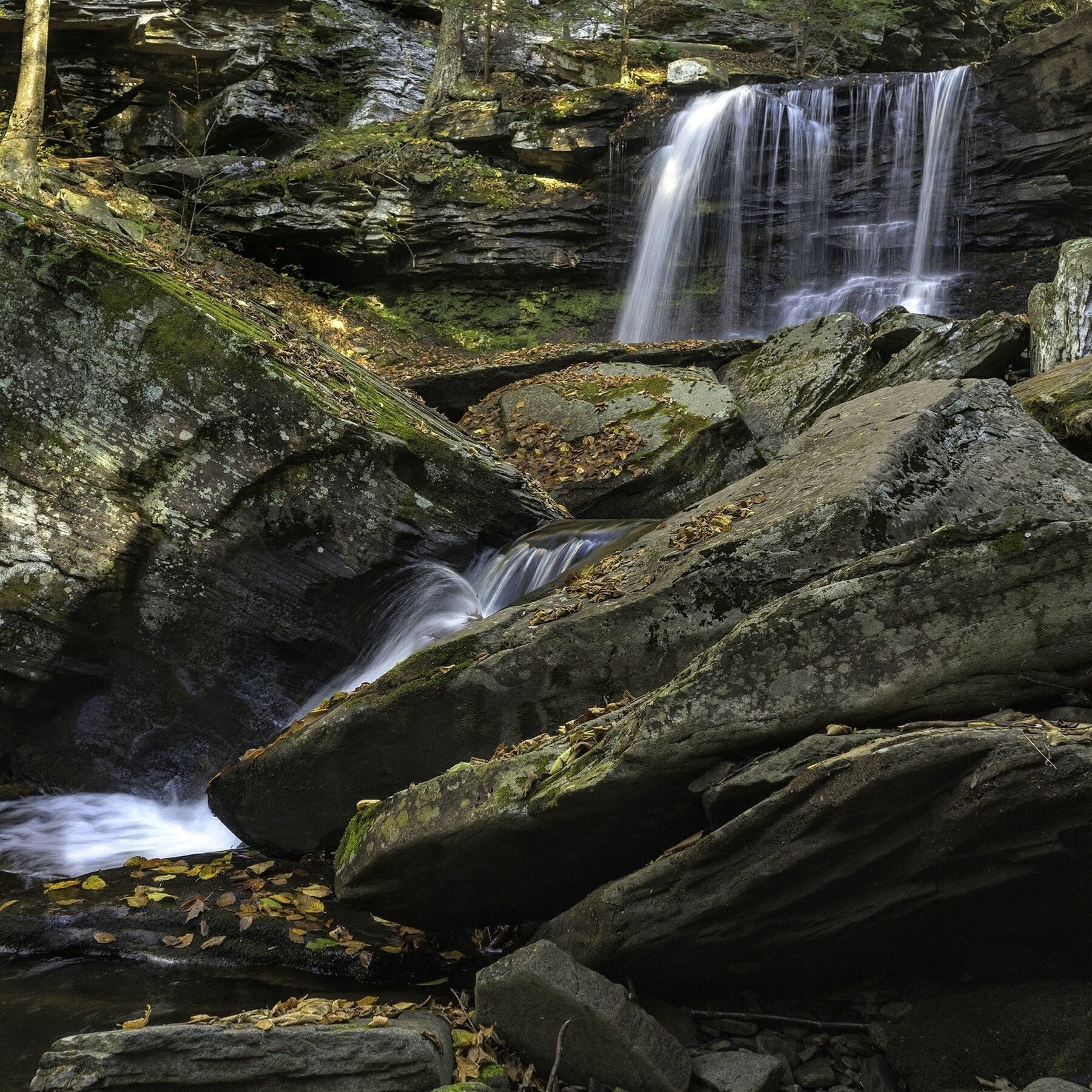 A waterfall cascading over moss-covered rocks in a forested area.