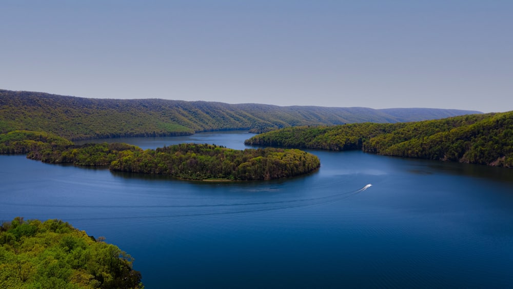 Scenic Raystown Lake in Huntingdon County Pennsylvania At Hawn's Overlook, from the mountain aerial blue sky & blue water