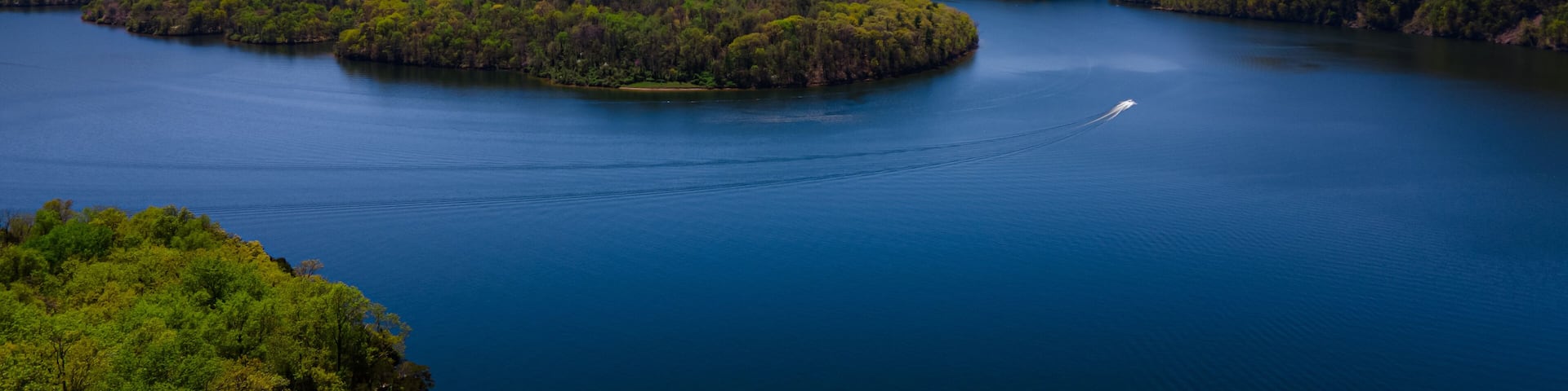 Scenic Raystown Lake in Huntingdon County Pennsylvania At Hawn's Overlook, from the mountain aerial blue sky & blue water