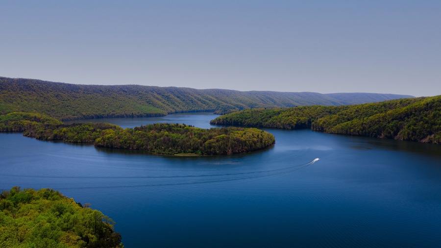 Scenic Raystown Lake in Huntingdon County Pennsylvania At Hawn's Overlook, from the mountain aerial blue sky & blue water