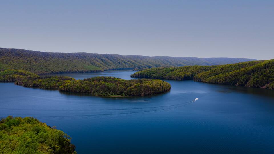 Scenic Raystown Lake in Huntingdon County Pennsylvania At Hawn's Overlook, from the mountain aerial blue sky & blue water