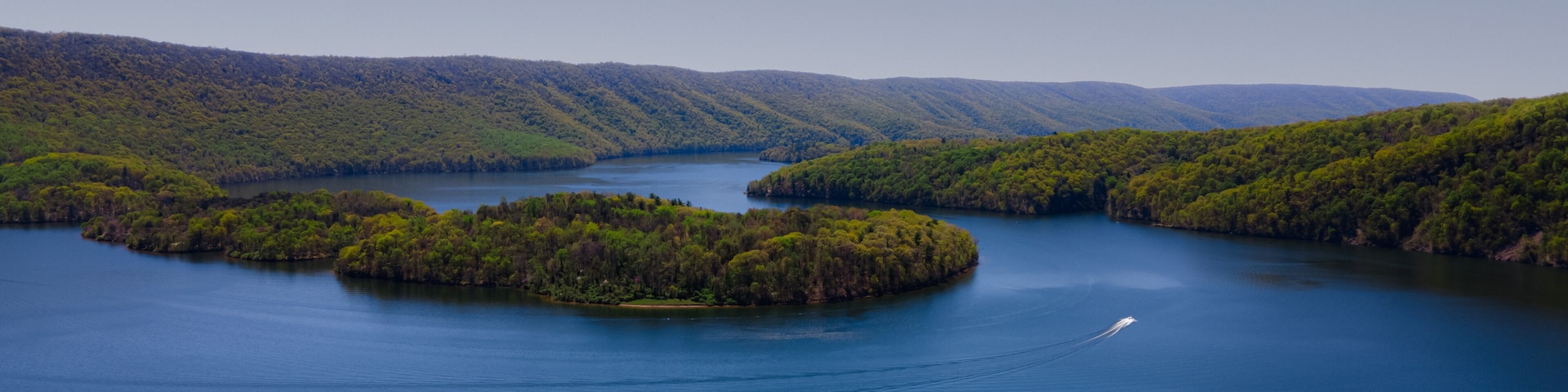 Scenic Raystown Lake in Huntingdon County Pennsylvania At Hawn's Overlook, from the mountain aerial blue sky & blue water