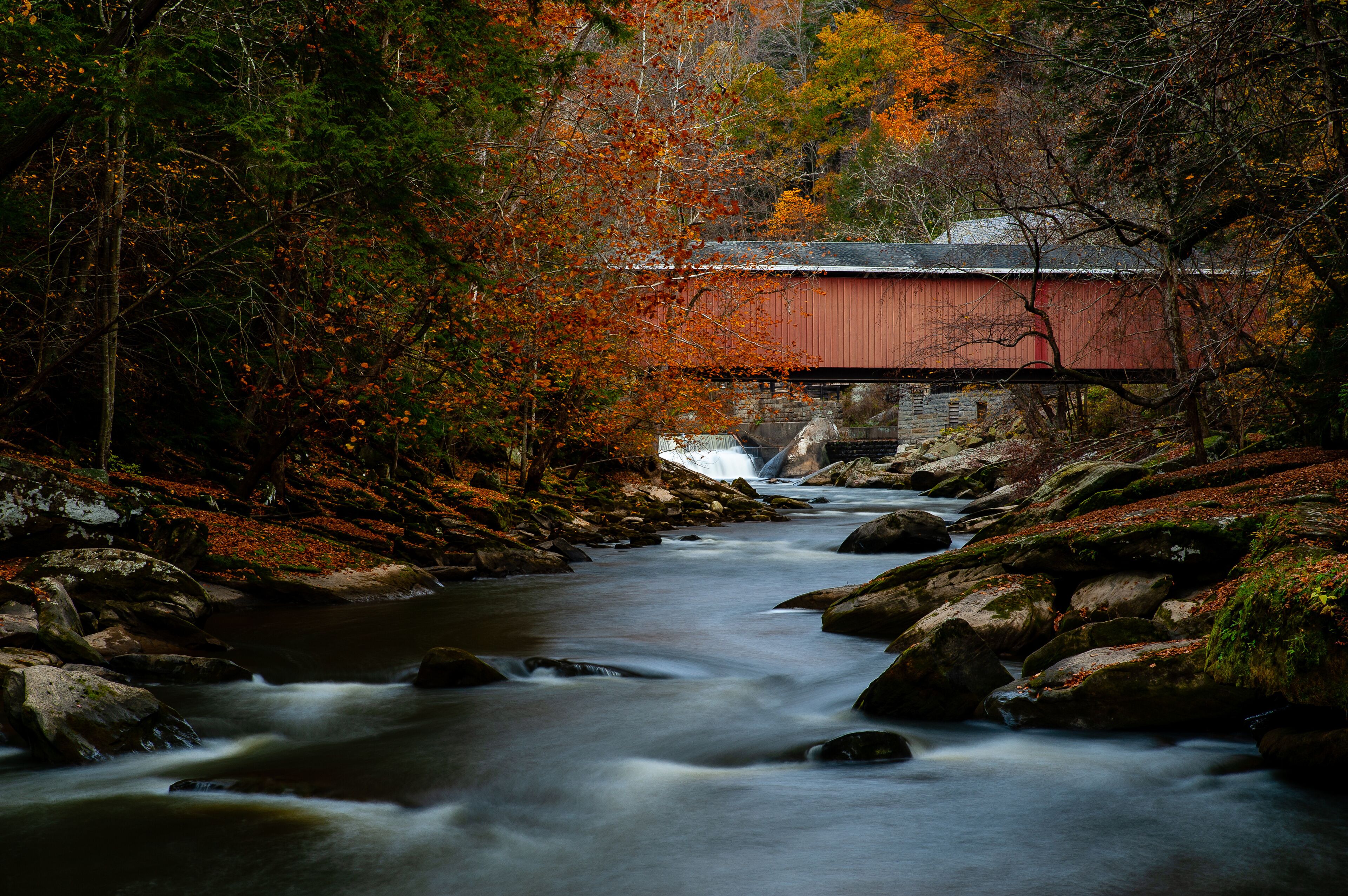 Rustic Red Covered Bridge Over Rushing Stream in Peak Autumn / Fall Season - McConnells Mill State Park - Pennsylvania