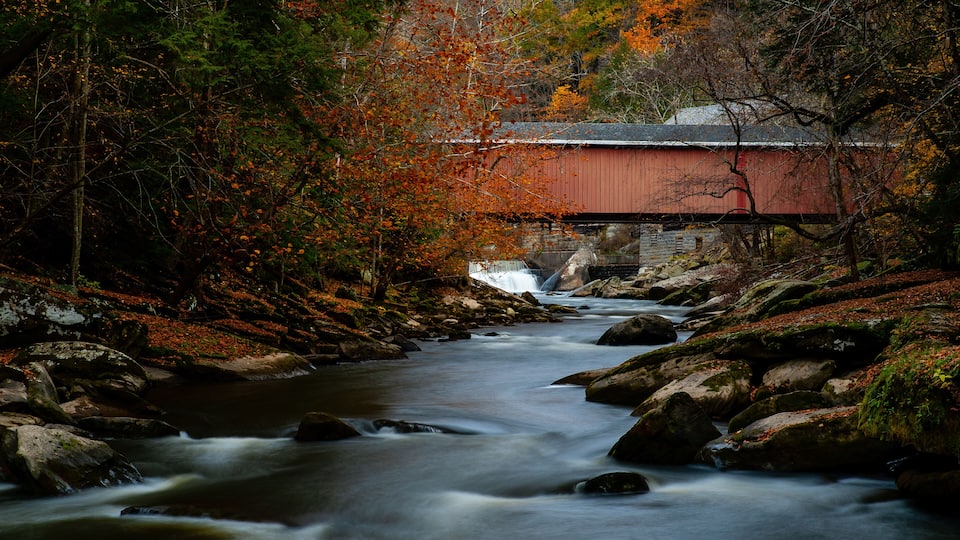 A river flowing through a forest with autumn leaves, a red covered bridge, and a waterfall.