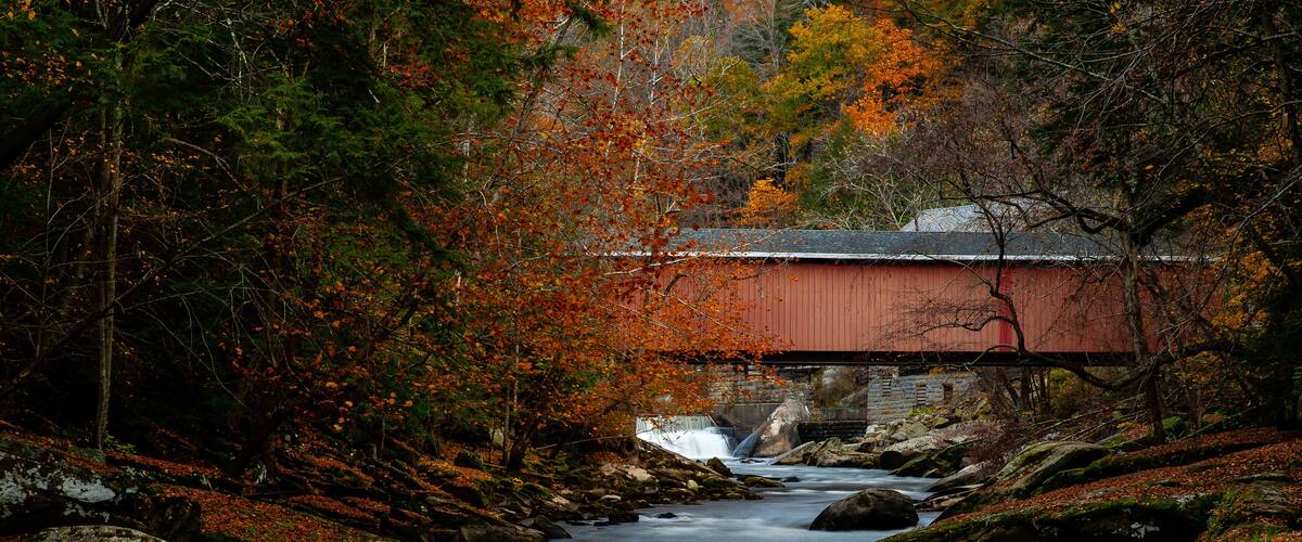 A river flowing through a forest with autumn leaves, a red covered bridge, and a waterfall.