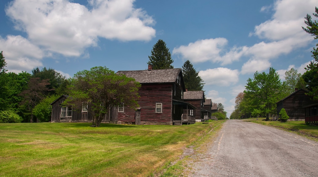 clapboard homes lining a dirt road in the historic eckley miners village in pennsylvania