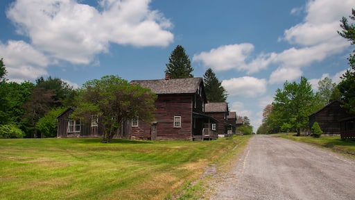 clapboard homes lining a dirt road in the historic eckley miners village in pennsylvania