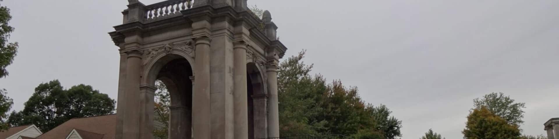 What you see before you has been hailed as one of the greatest losses in American architectural history. These are remnants of Whitemarsh Hall, 100,000 square feet, 6 stories (3 of which were partly or fully underground), 147 rooms, and 45 bathrooms built on 300 acres. It was built in 1921 and demolished in 1980. Now the estate has been subdivided into a development called Stotesbury Estates. An example of the townhouses now occupying the land can be seen in the background.