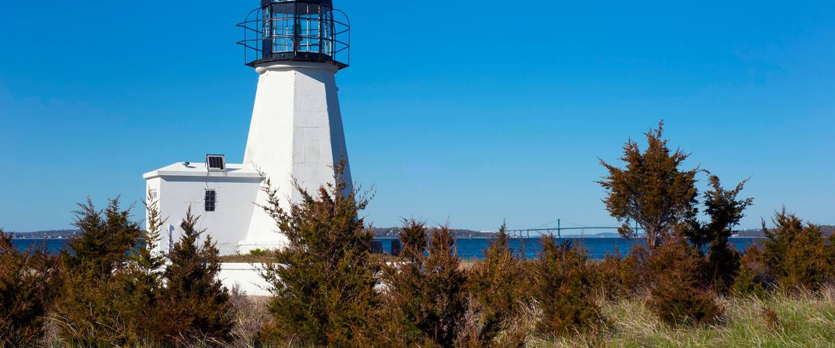 A white lighthouse with a black top, surrounded by coastal vegetation and a clear blue sky.