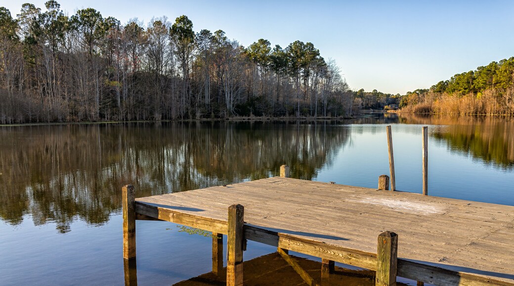 Eutawville, South Carolina sunset near Lake Marion with boat dock and water landscape view at Fountain lake in spring evening with nobody