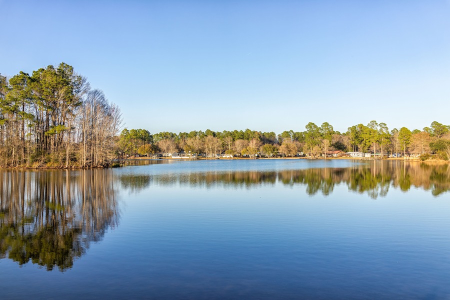 Eutawville, South Carolina sunset near Lake Marion with waterfront houses and docks water landscape view at Fountain lake in spring evening with nobody and pine trees