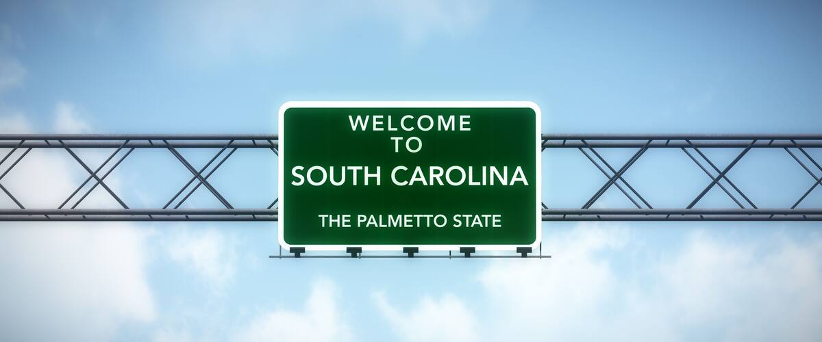 A highway sign welcoming visitors to South Carolina, The Palmetto State, against a backdrop of a clear sky and a metal bridge structure.