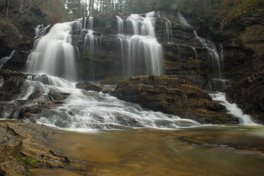 A beauty 50ft waterfall right before the creek feeds into the gorgeous Chattooga River.  A very nice spot in the South Carolina forest!  For a video guide of the hike to this destination, please visit:  https://www.hdcarolina.com/episode/long-creek-falls
