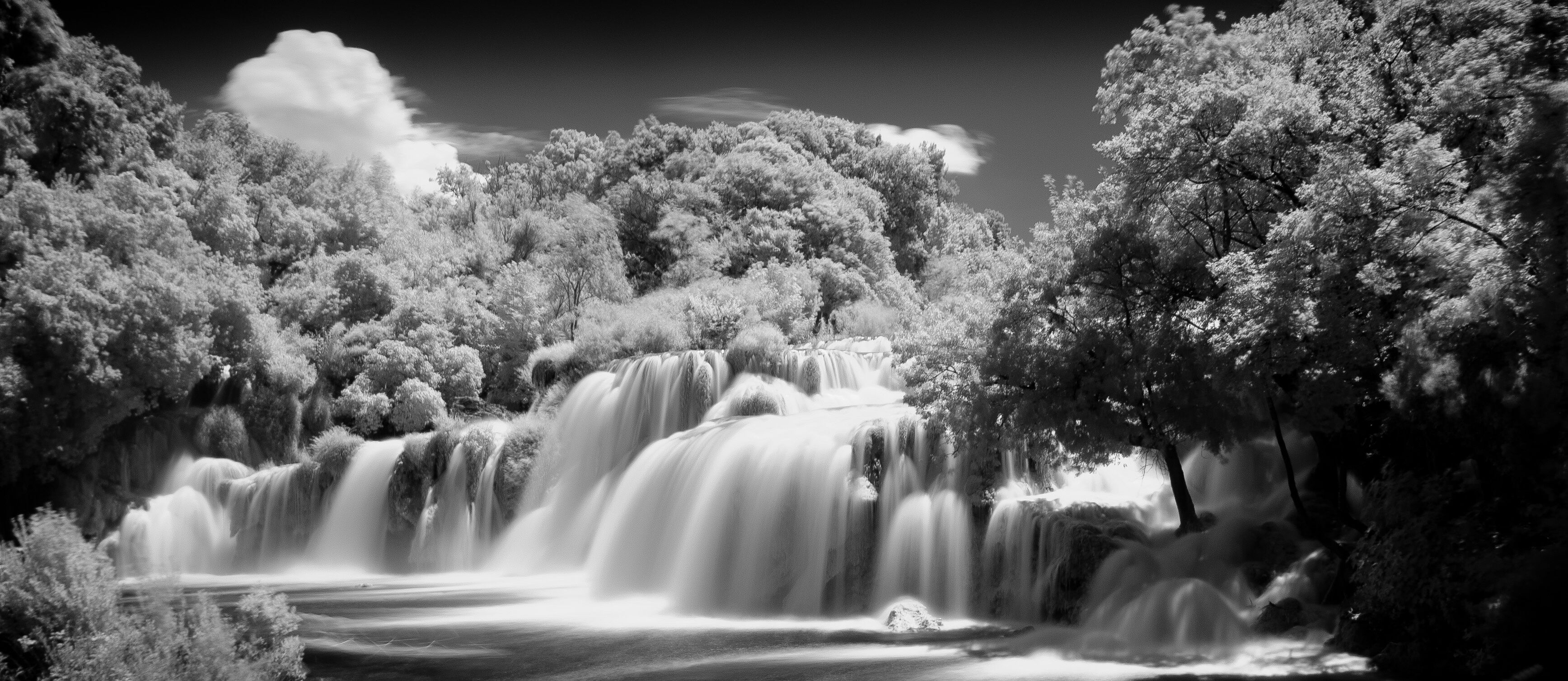 Black and white long exposure photo of Krka waterfall, Lozovac, Croatia