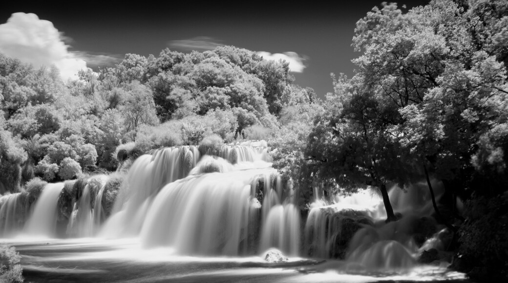 Black and white long exposure photo of Krka waterfall, Lozovac, Croatia