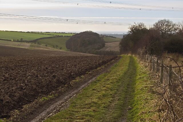 A rural landscape with a dirt path, fields, and a distant hill.