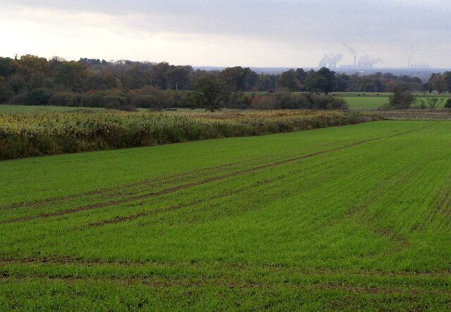 Farmland View, north of Sancton, East Riding of Yorkshire, England. Looking in a SWW direction from the Sancton to Market Weighton road towards the Vale of York from MR: SE89673997. In the distance can be seen the massive Drax coal-fired power station with Eggborough one beyond that.