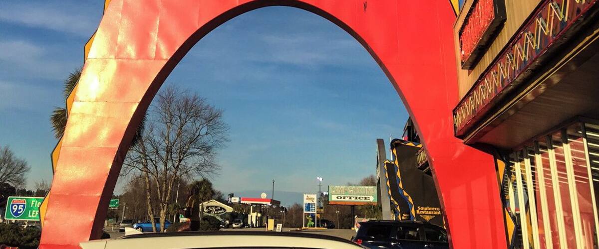 South of the Border is a huge tourist trap south of the North Carolina and South Carolina state borders on Interstate 95-no place near Mexico, but this Mexican-style rest stop has been attracting people since the 1950's. Billboards advertising this famous truck/rest stop can be seen several states away, each sign with a catchy saying to make you smile and to count the miles till you can hang out with Pedro, the mascot of South of the Border.
There are several restaurants, gas stations and plenty of shopping for knick-knacks and fireworks. There is a hotel/motel and a campground-all have use of the huge indoor pool, as well as an outdoor pool. And if that wasn't enough to do, there is also mini-golf and a reptile exhibit. The building are sprawled over several blocks, each one painted bright colors and lit well by neon lights at night.