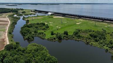 Aerial of Lake Marion Dam and Santee river in South Carolina providing drinking water, hydro power and recreational activities