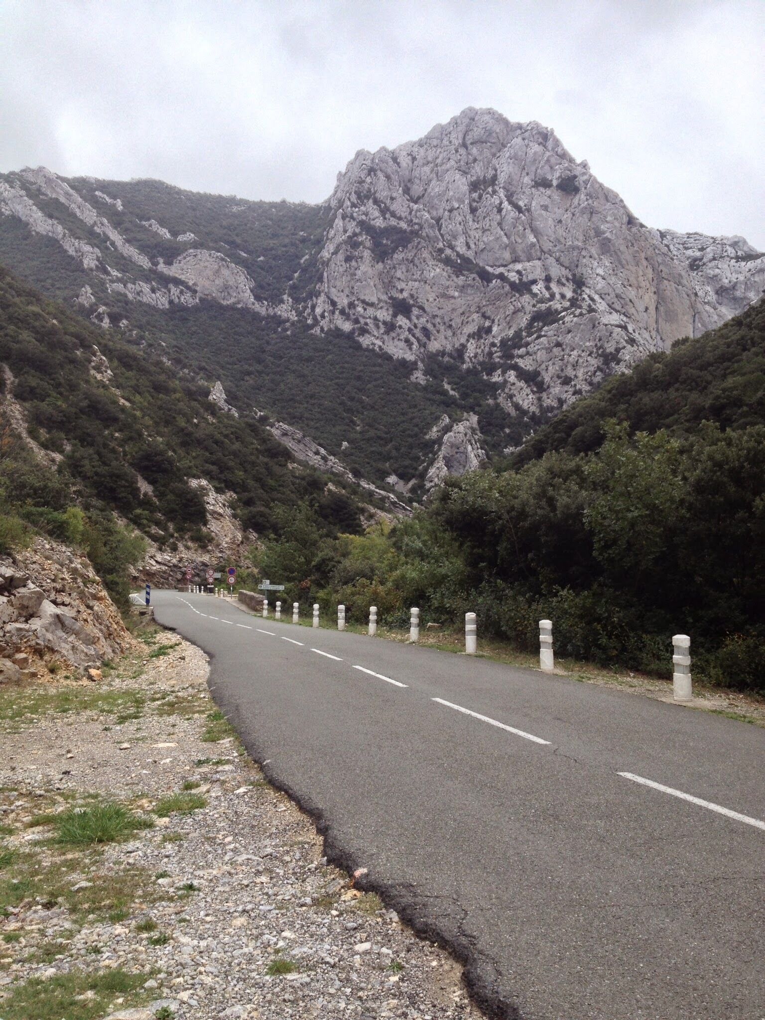 A winding mountain road with guardrails, surrounded by rocky terrain and dense vegetation.
