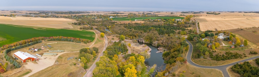 Drone flying over Split Rock Creek running through Palisades State Park in Garretson, South Dakota