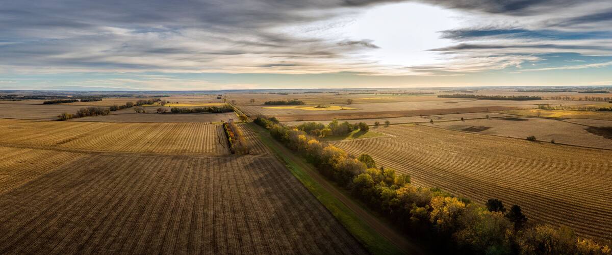 An aerial view of a vast agricultural landscape with fields, trees, and a cloudy sky.