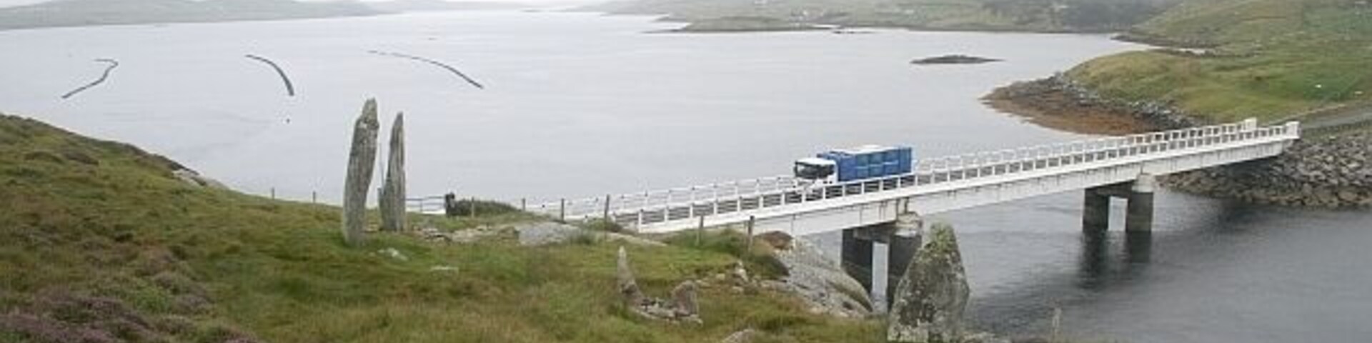 The Great Bernera Bridge and Standing Stones Opened in 1953. It was the first example of a bridge made of pre-stressed concrete girders in the UK. A model of the bridge was exhibited at the 1951 festival of Britain. It totally transformed the island of great Bernera - which might have become uninhabited without the bridge crossing the Sruth Iarsiadar. http://www.cne-siar.gov.uk/eriskay/bernera.htm The standing stones are probably the remains of a stone circle and have watched over this obvious crossing point for several millennia. http://www.themodernantiquarian.com/site/568/bernera_bridge_circle.html#fieldnotes