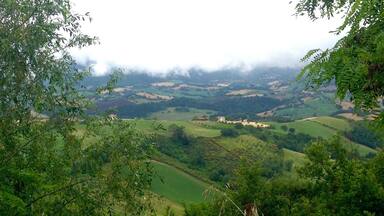 A lush valley with rolling hills, scattered houses, and dense greenery.