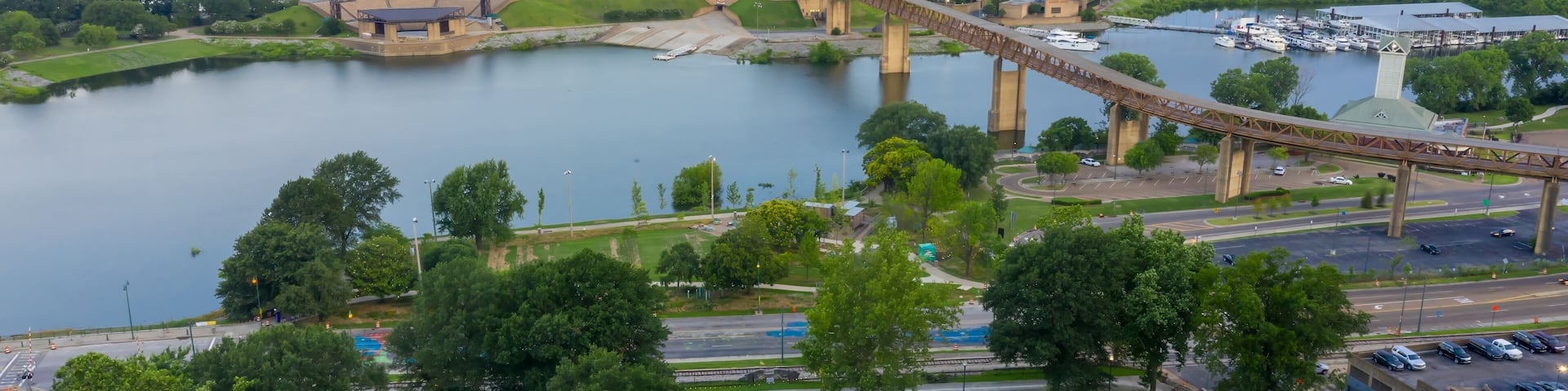 Fourth bluff park, Wolf River Harbor and the Mississippi River in Downtown, Memphis, Tennessee, United States.