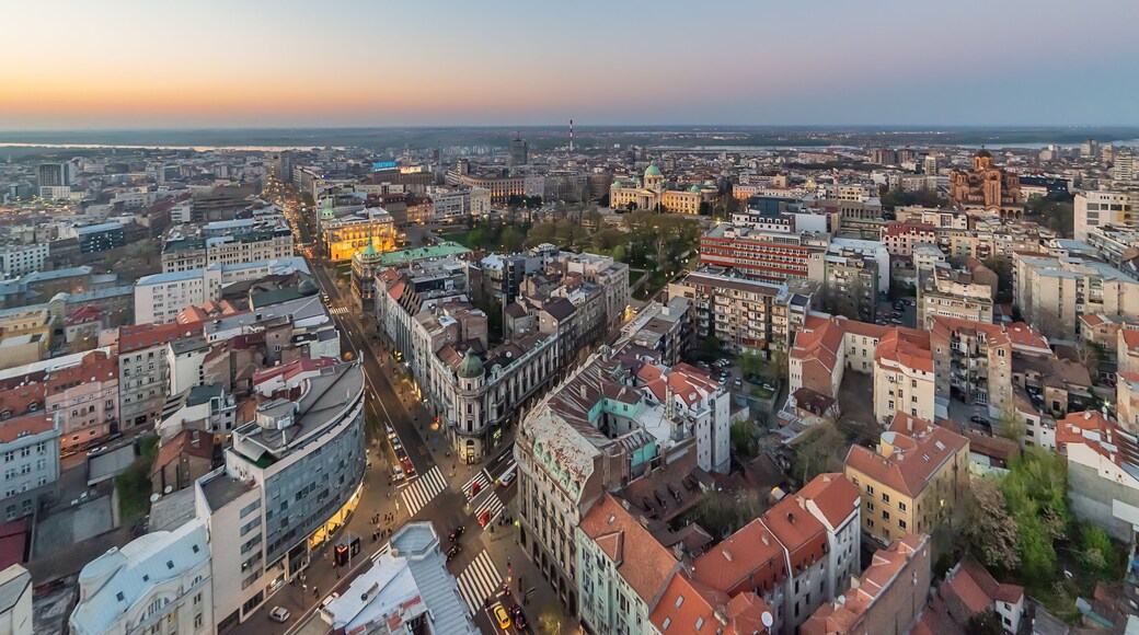 Belgrade, Serbia March 31, 2019: Panorama of Belgrade. The photo shows the Belgrade municipalitys Palilula and Dorcol, Danube river, National Assembly of the Republic of Serbia and St. Mark's Church.