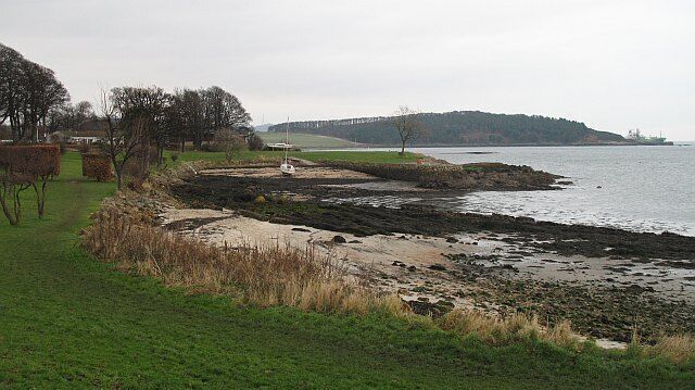 New Harbour beach Grassland as opposed to the bottom of folk's gardens by the shore. A gas carrier is loading up in the distance at Braefoot.