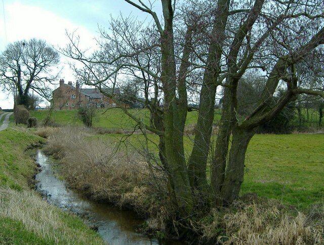 A rural landscape with a stream, trees, and a house in the background.