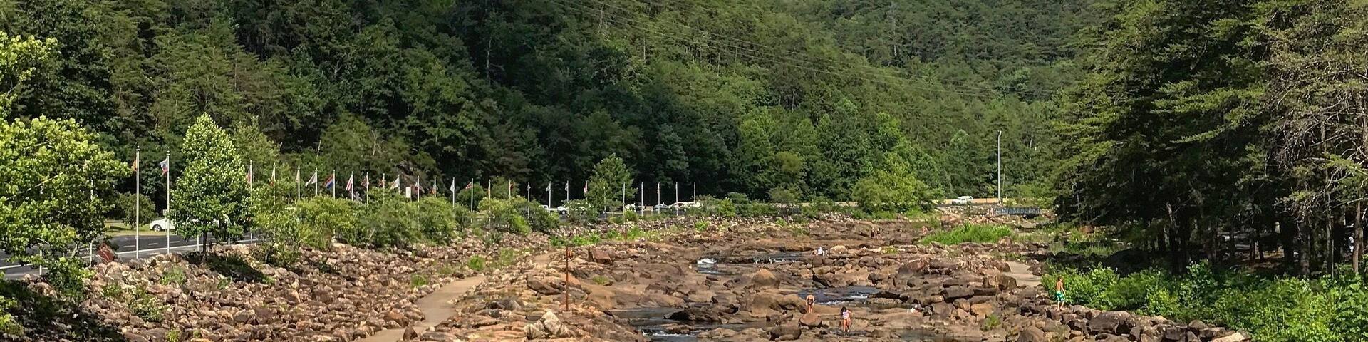 Un lecho rocoso de río con un sendero a su lado, rodeado de un bosque denso y colinas.