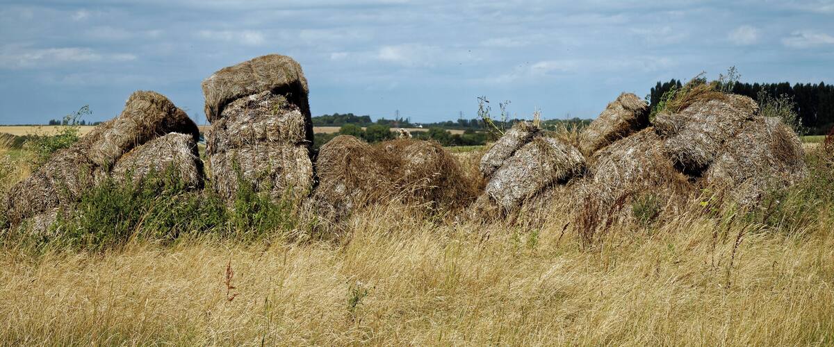 A field with hay bales and a large rock formation.
