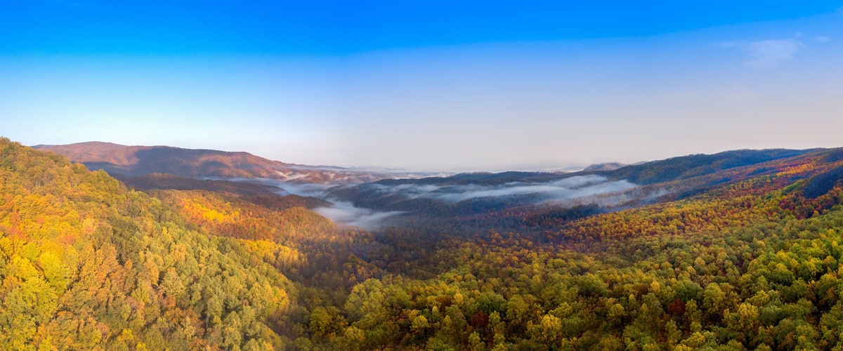 A valley with autumn foliage, a river, and distant mountains.