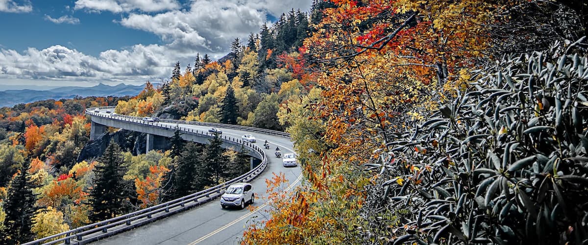 A winding mountain road with autumn foliage, a guardrail, and a clear blue sky.