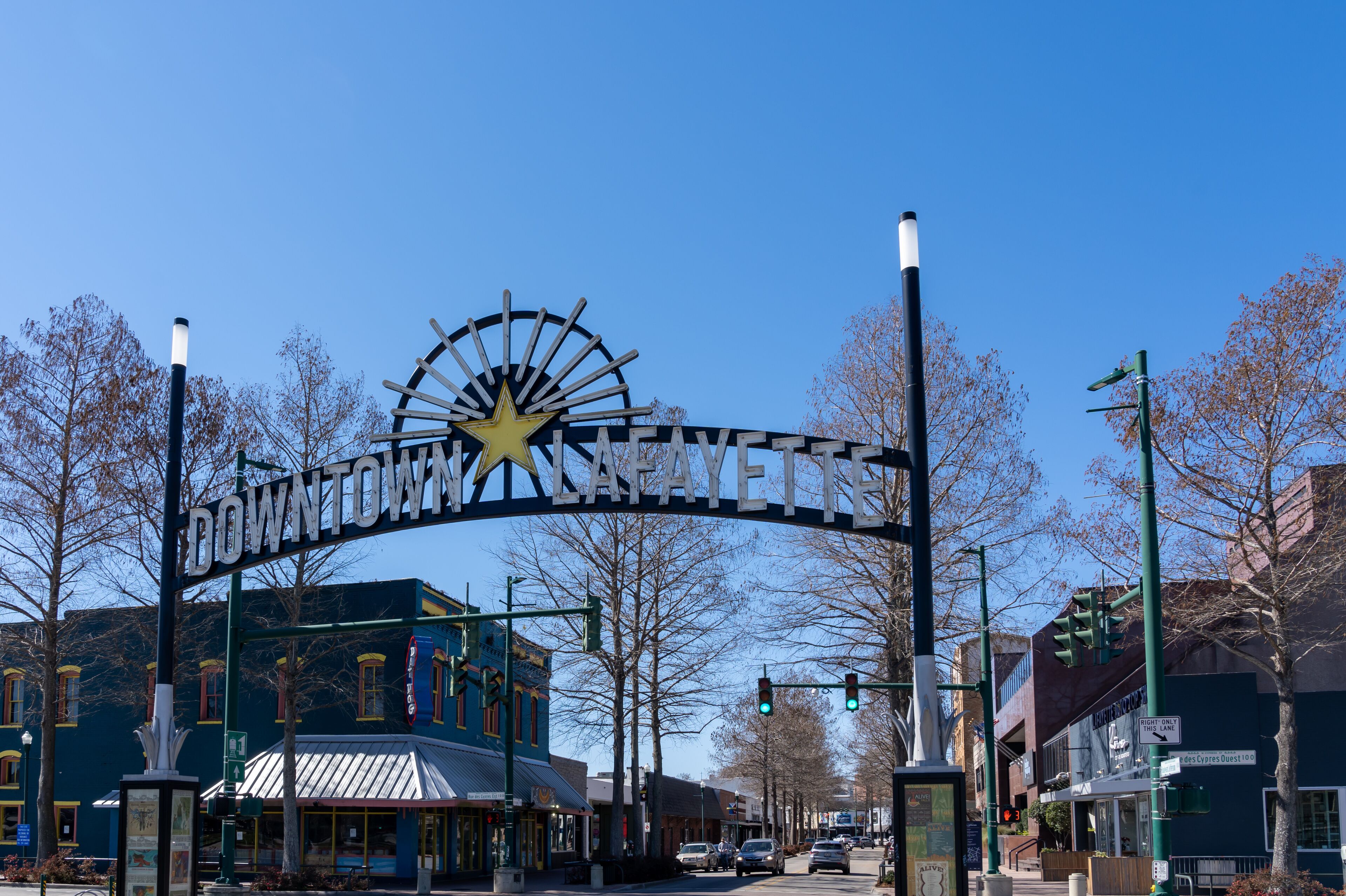Lafayette, LA, USA - February 13, 2022: Downtown Lafayette sign is shown. Lafayette is a city in southern Louisiana.