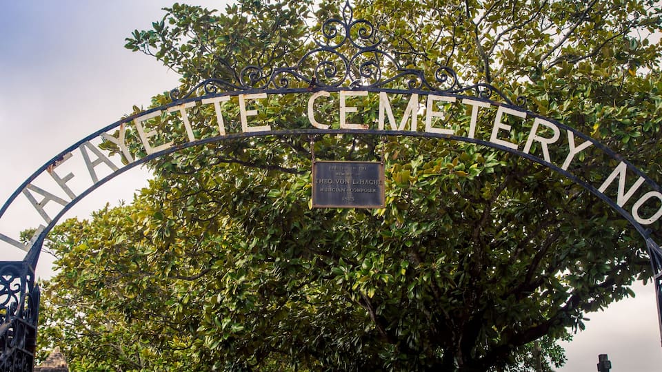 The entrance to the Lafayette Cemetery No. 1 with a plaque honoring Theodor von LaHaye.