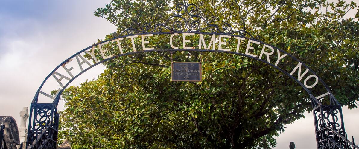 The entrance to the Lafayette Cemetery No. 1 with a plaque honoring Theodor von LaHaye.
