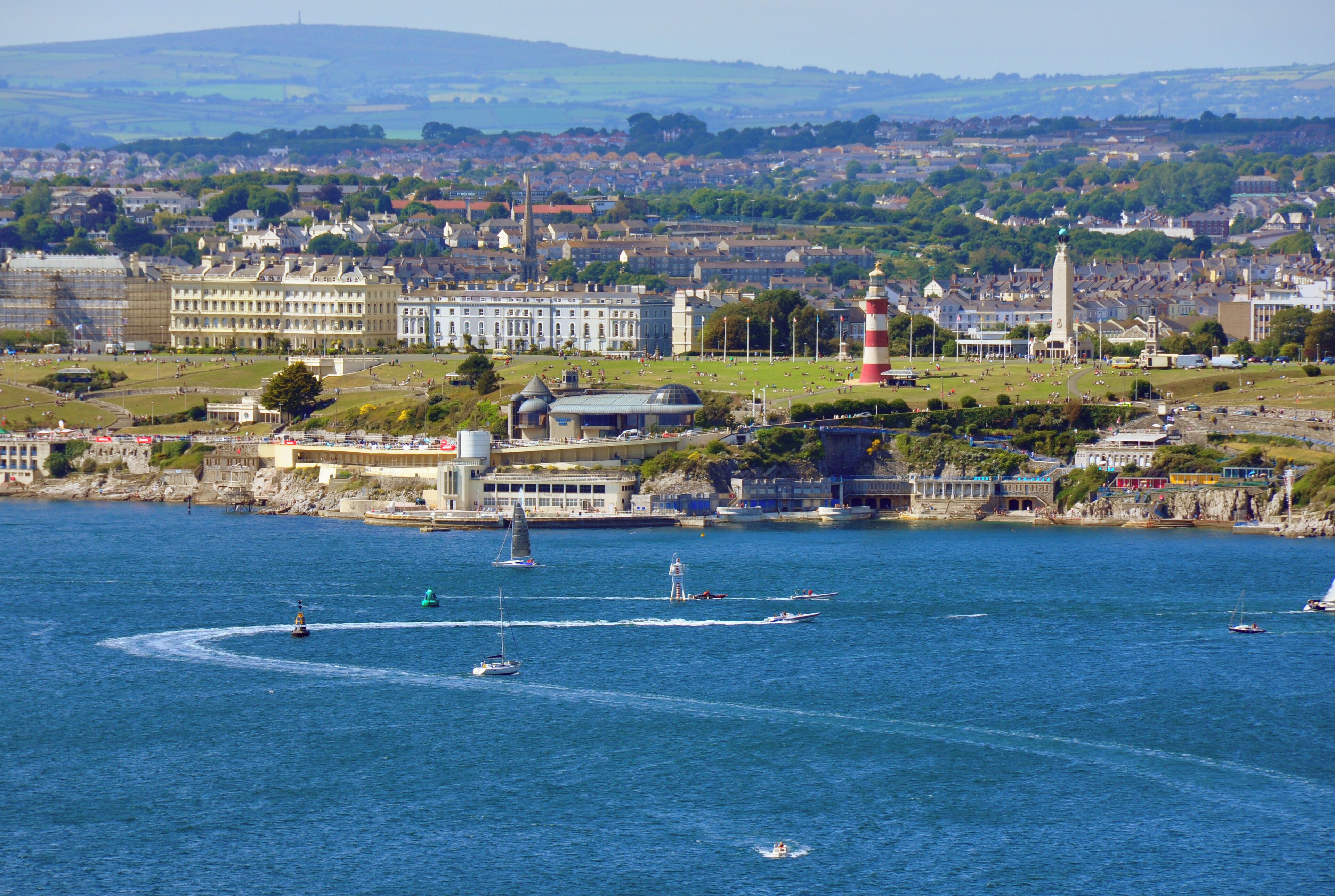 A view of Plymouth Hoe from Staddon Heights, in Devon, UK. Kitt Hill (on the Cornish side of the Tamar) is visible in the distance. Please note: the white balance is incorrect in this image, but gives unusual effect