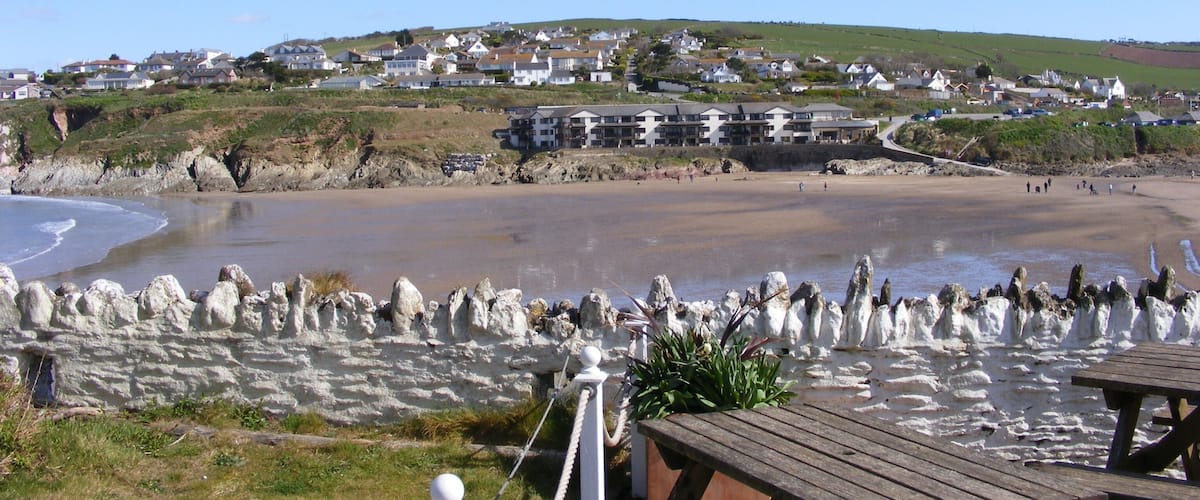 Bigbury-on-Sea The view of Bigbury-on-Sea from the Pilchard Inn on Burgh Island, with the causeway exposed at low tide.