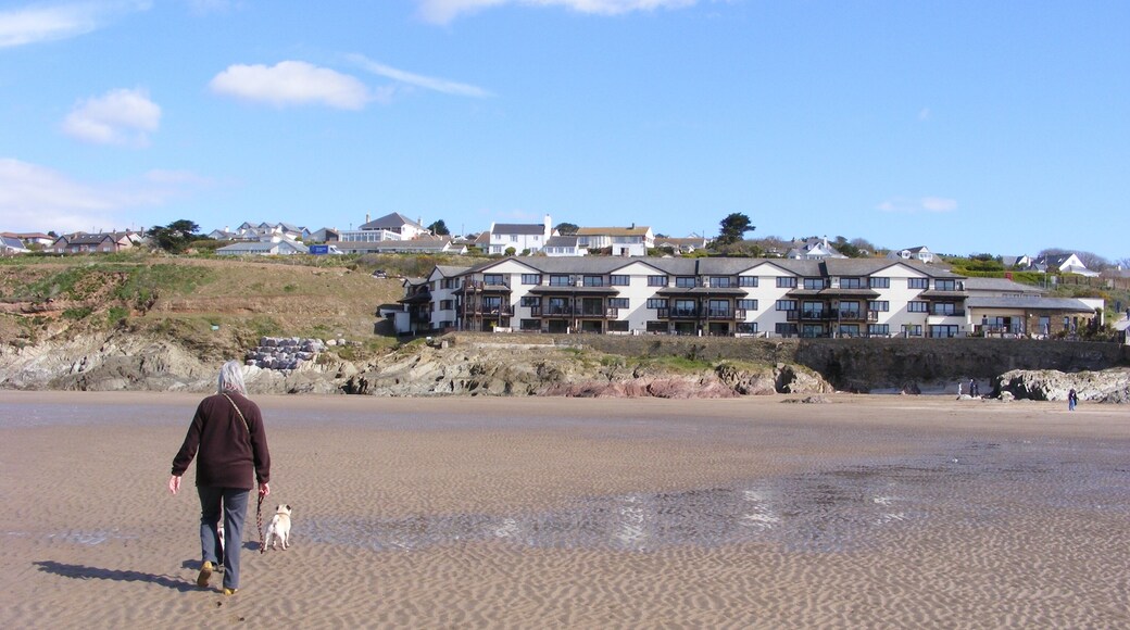 Burgh Island Causeway The view of Bigbury-on-Sea from the Burgh Island causeway at low tide. Some of the apartments overlooking Burgh Island can be rented for holidays.
