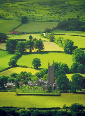 Aerial view of a tower, Widecombe, Devon, England