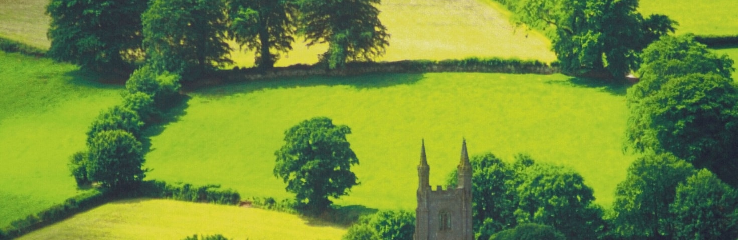 Aerial view of a tower, Widecombe, Devon, England