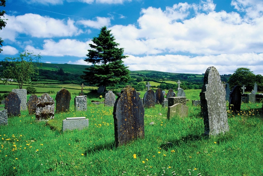 Tombstones in a cemetery, Widecombe, England