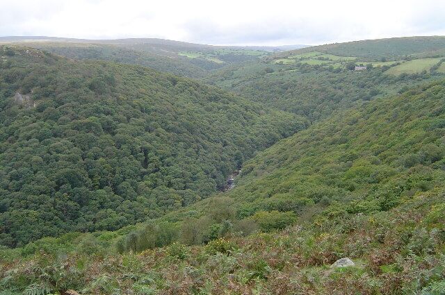 A valley with dense forested hills and a narrow valley.