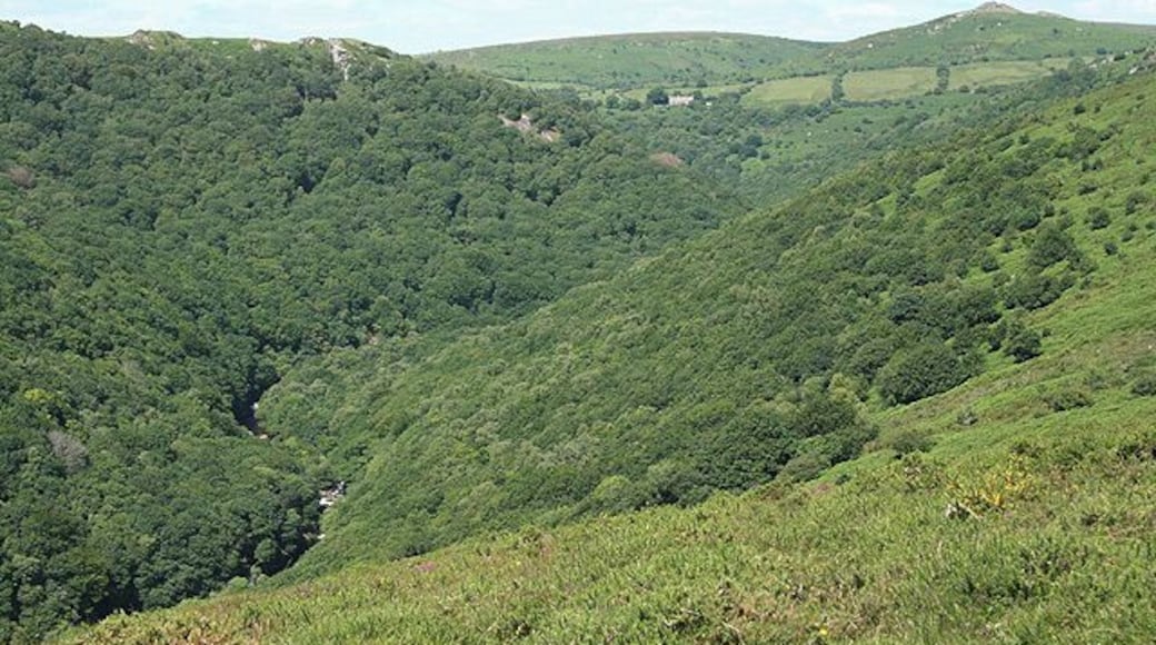 Widecombe in the Moor: above Sharrah Pool, Dart valley The river Dart in its valley below Bench Tor, with Sharp Tor on the horizon, right. Seen from Dr Blackalls Drive, otherwise known as the Two Moors Way